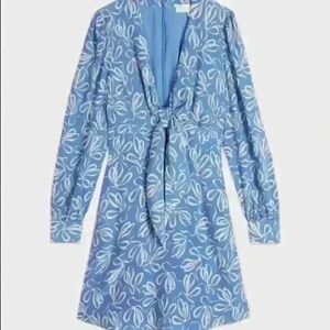 Blue Floral Tie-Front Long Sleeve Dress